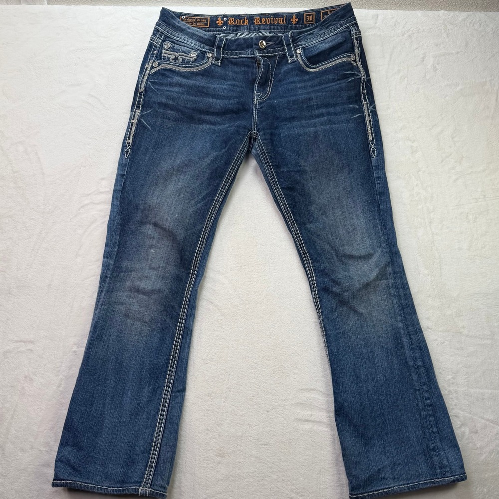 Rock Revival Jeans Betty Mid-Rise Boot Rhinestone Blue Womens 30